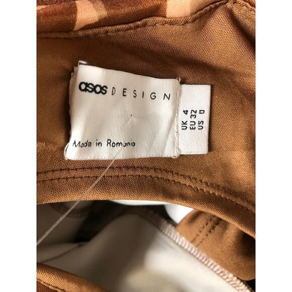 ASOS Design Dress Peekaboo Shoulder Tuck Pencil Midi Geo Print Brown Tan 0 NWOY - Picture 6 of 10